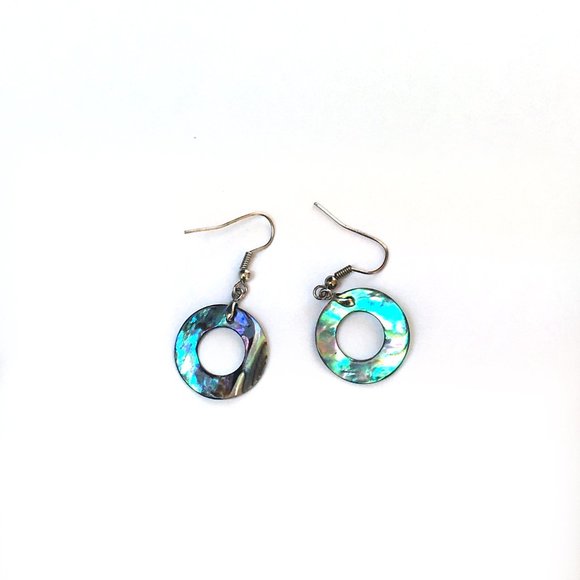 Iridescent Seashell Circle Dangle Hook Earrings - Picture 2 of 3